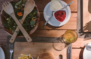 Home made Hamburgers with garden picked greens for lunch