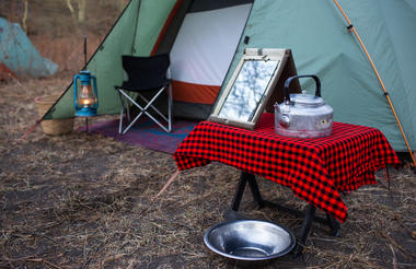 Exterior of the tent in the morning