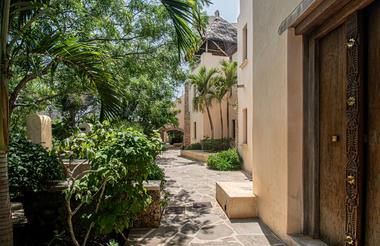 A Peaceful Path Between Coral Walls and Palm Trees