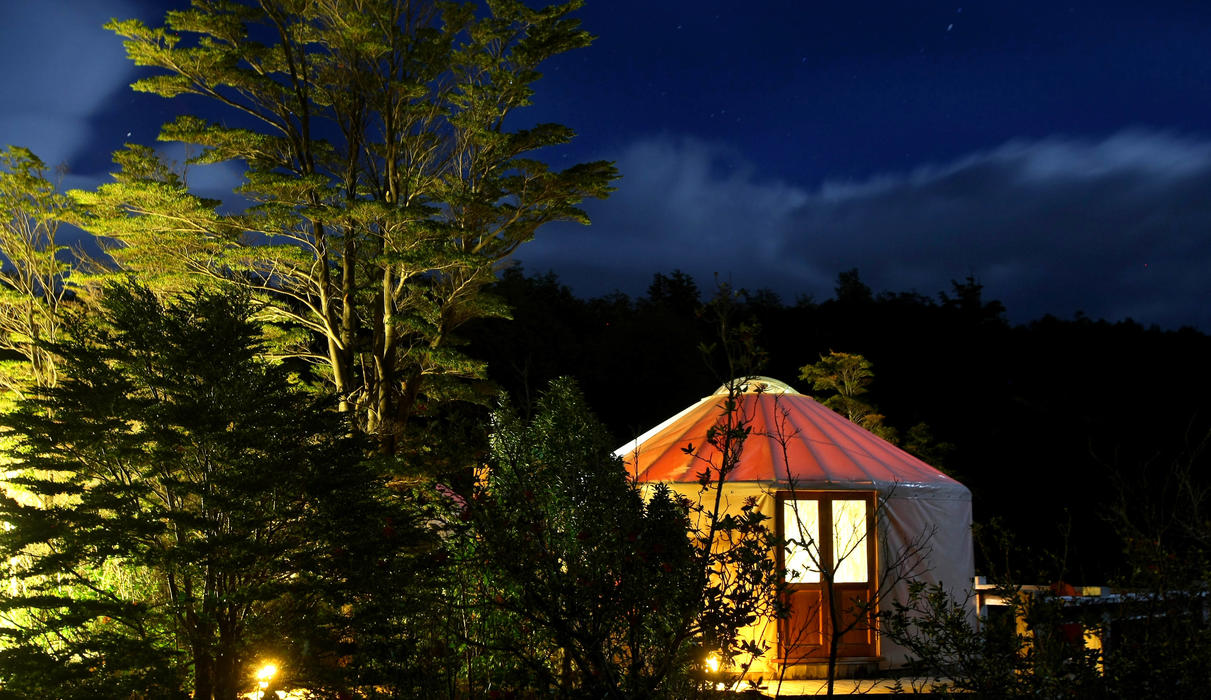 Yurt at night in Patagonia Camp