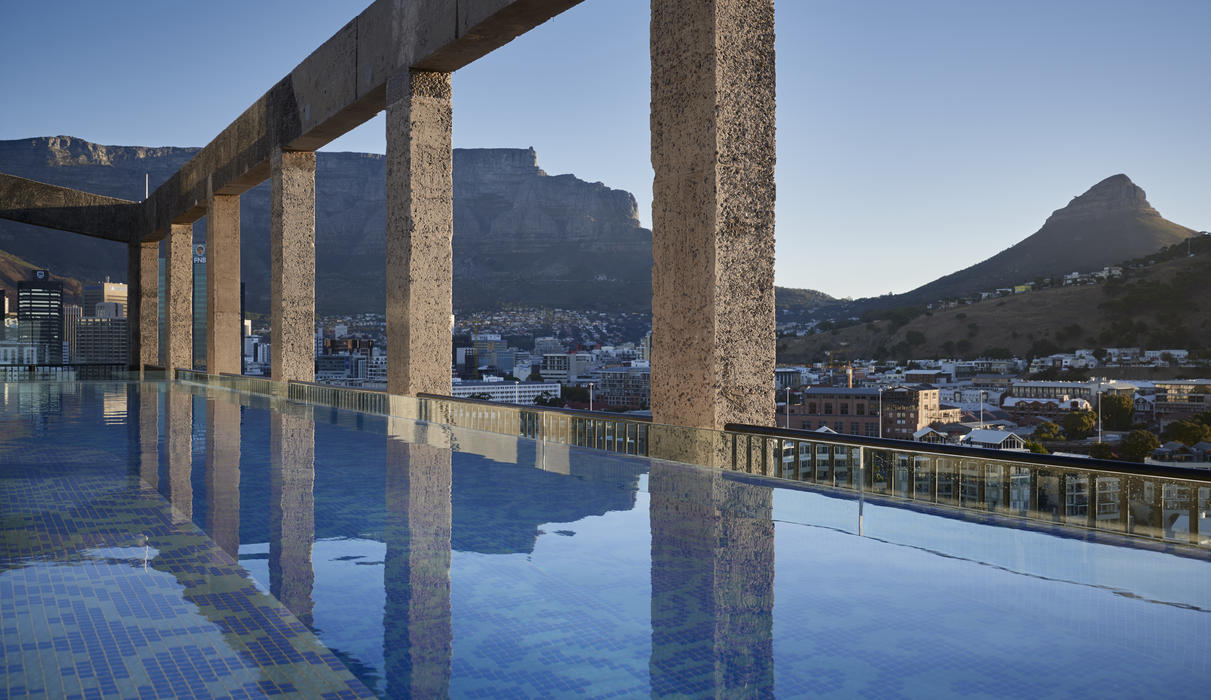 The rooftop pool offers beautiful views of Table Mountain