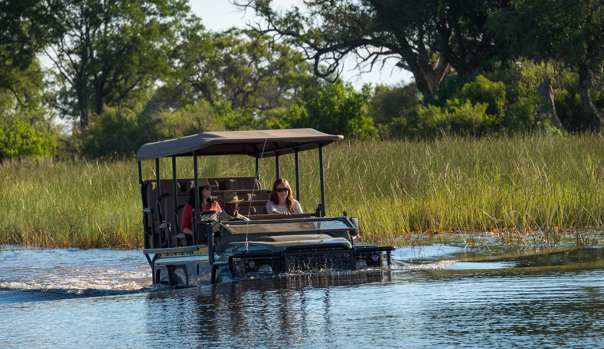 Intrepid vehicles cross the channels with ease during a game drive