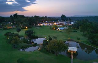Aerial view of the hotel at dusk