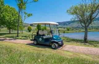 The Hotel Golf Cart next to one of the 14 lakes and dams