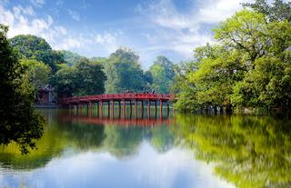The Huc bridge entrance to Ngoc Son Temple on Hoan Kiem lake - Hanoi