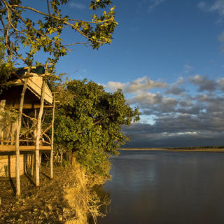 Each reed chalet is built on stilts, overlooking the Luangwa River
