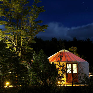 Yurt at night in Patagonia Camp