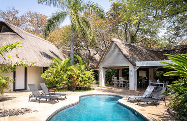 Pool area looking towards the Prop & Rotor Restaurant