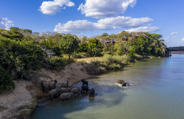 Elephants crossing Save in front of Chilo Gorge