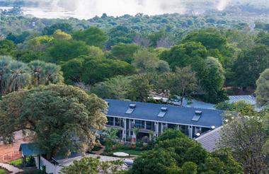 Aerial View of Lodge with Falls in the Back ground