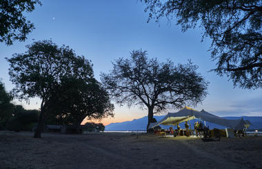 camp dining hall at sunset