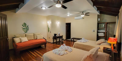 Our rooms are equipped with 2 double beds,A/C, coffee maker, safety box, private bathroo with hot water and a balcony ,