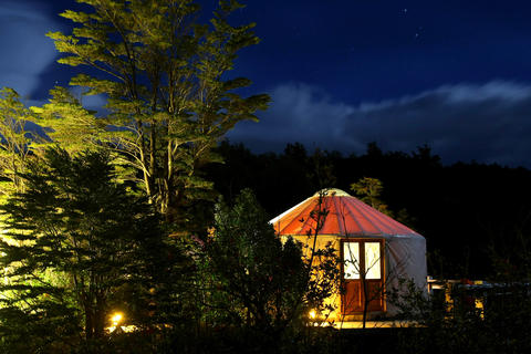 Yurt at night in Patagonia Camp