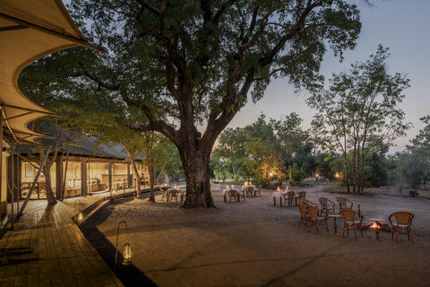 Ein hoch aufragender falscher Mopanebaum in der Mitte des Lagers beschattet einen separaten Ess- und Loungebereich