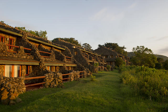 Das Äußere der Ngorongoro Serena Safari Lodge ist ein Triumph der Verschmelzung von Ökologie und Architektur. Es wurde sensibel gebaut, um nichts von der Umgebung zu nehmen und gleichzeitig endlose Ausblicke über die hitzebeständigen Bereiche des darunter liegenden Kraters zu bieten. Die aus Felsbrocken erbauten Gebäude der Lodge schmiegen sich an den Kraterrand und sind durch seilgezurrte Holzstege miteinander verbunden, die an den Stützwurzeln alter, von Lianen gehängter Bäume vorbeiführen.