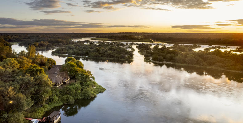 The lodge main building at sunset