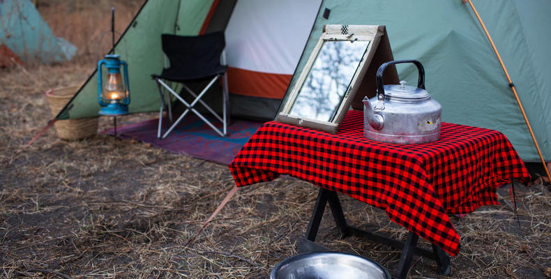 Exterior of the tent in the morning 