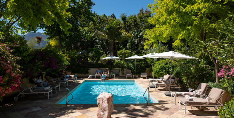 The pool area surrounded by lush flowers and trees. 