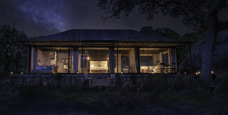 Front view of the tent at night