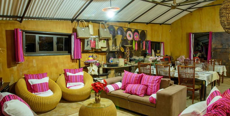 Inside main building lounge area, dining and curio shop