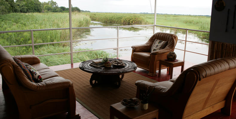 Comfortable lounge area with views of the Okavango