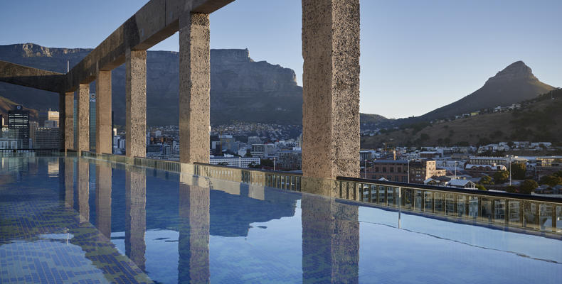 The rooftop pool offers beautiful views of Table Mountain