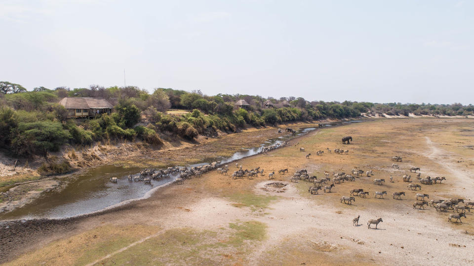 An aerial view of Leroo La Tau on the edge of the Boteti River