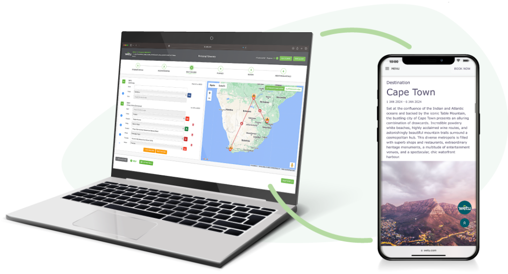 Laptop with a map and an itinerary builder on the screen. Phone with Cape Town text and an image of table mountain